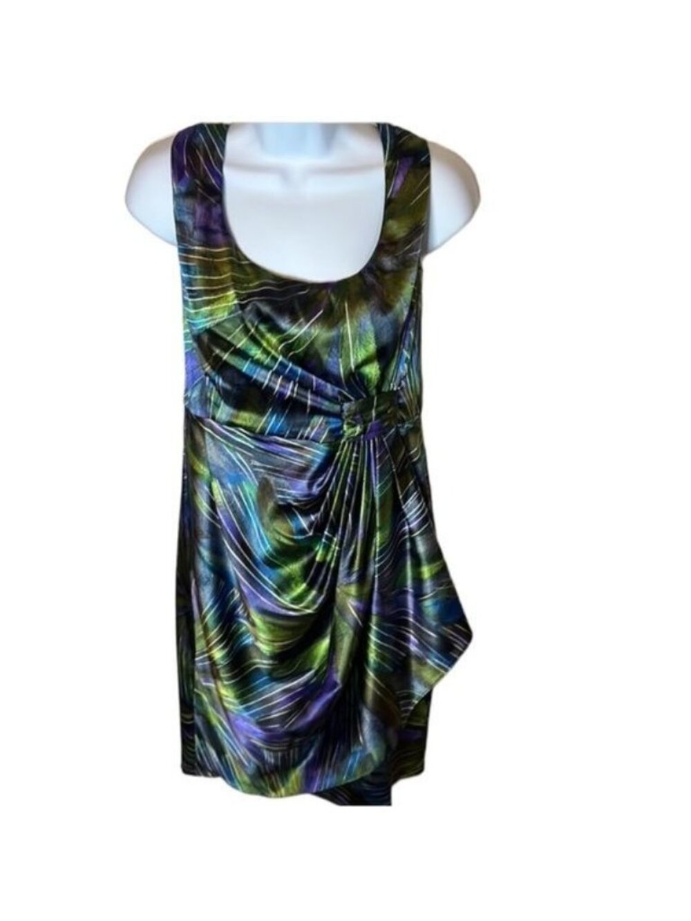 Maggie L size 10 beautiful dress “silky” feel twisted front look. Green/purple